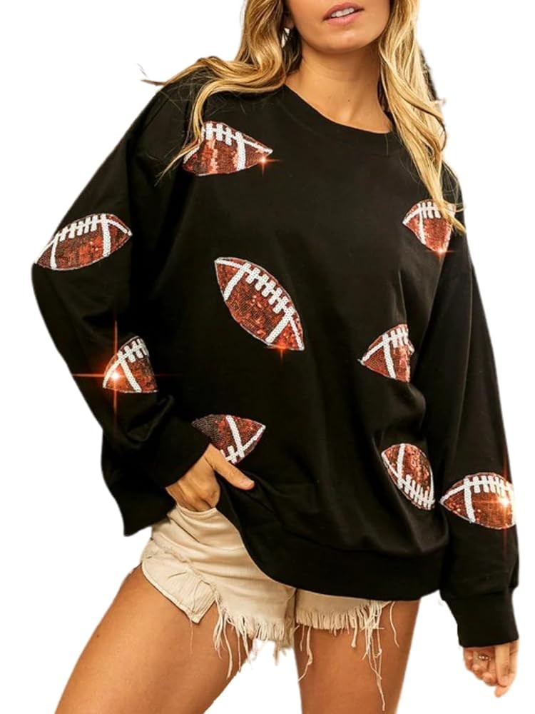 Womens Sparkle Football Sequin Rugby Sweatshirt Game Day Y2K Crewneck Oversized Shirt Long Sleeve... | Amazon (US)