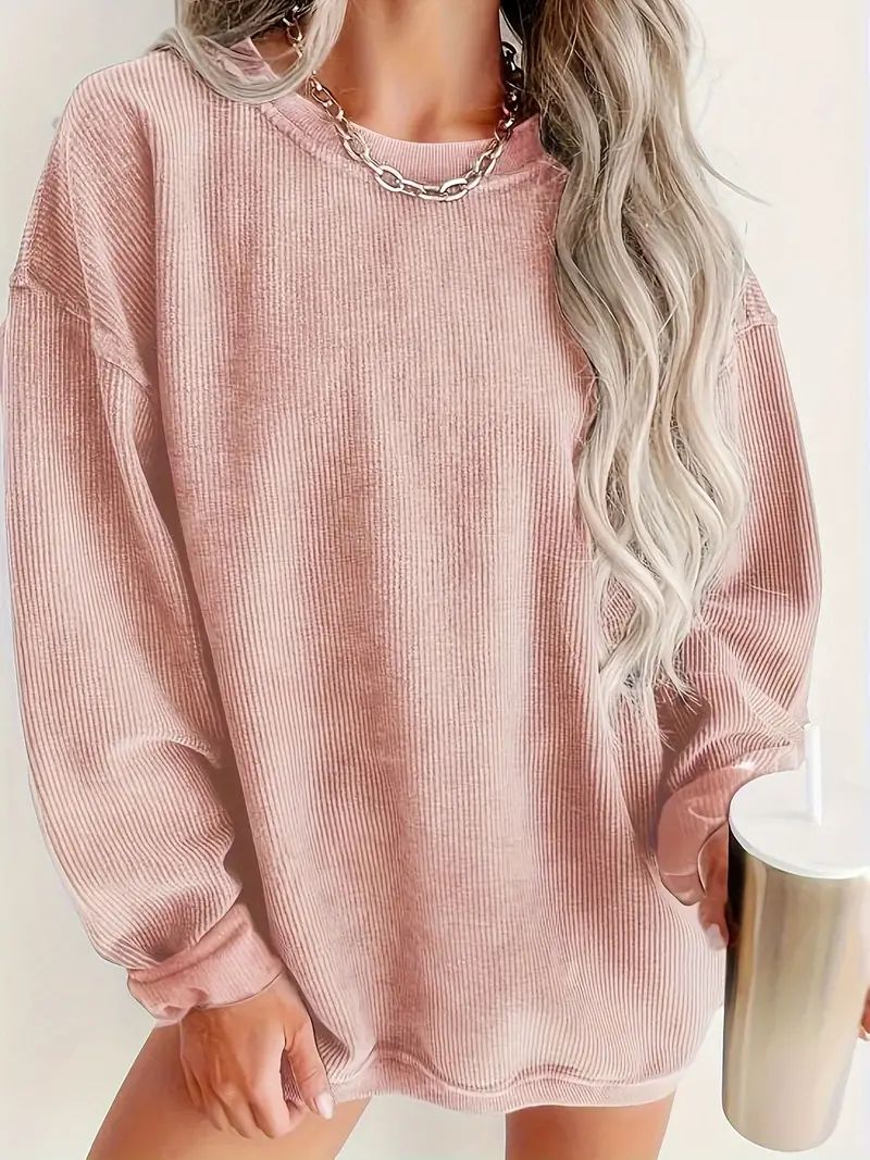Solid Ribbed Pullover Sweatshirt, Casual Long Sleeve Crew Neck Sweatshirt For Fall & Winter, Wome... | Temu Affiliate Program