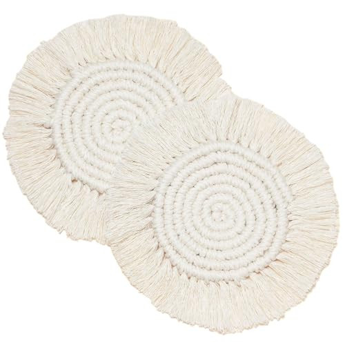 LILINMZ Boho Coasters Set of 2, Handmade Macrame Placemats for Housewarming Gift Home Decor Desk Table Kitchen Dining Room, Bar Drink Coaster for Mugs and Cups (Round, White) | Amazon (US)