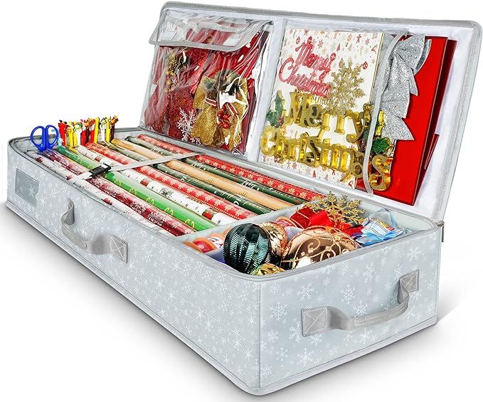 Amazon.com: Wrapping Paper Storage Containers with 3 Interior Pocket, Durable Gift Wrap Organizer... | Amazon (US)