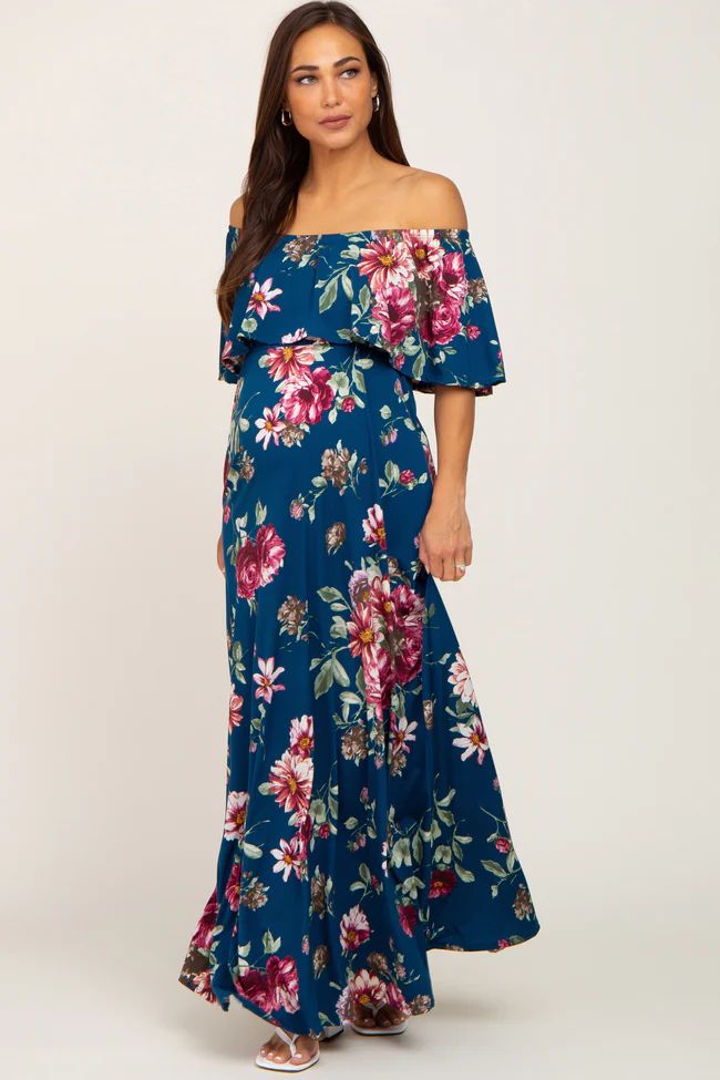 Dark Teal Floral Flounce Off Shoulder Maternity Maxi Dress | PinkBlush Maternity