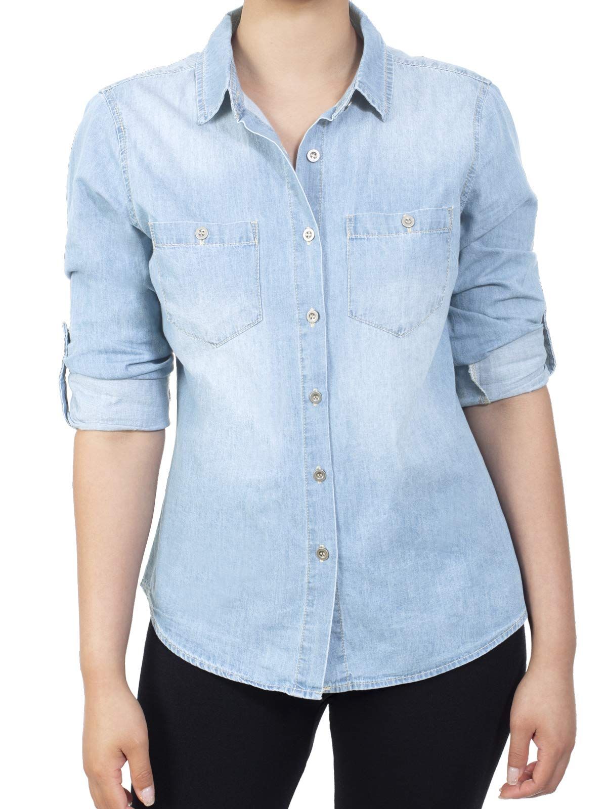 MixMatchy Women's Casual Daily Long/Roll Up Sleeve Button Down Denim Chambray Shirt (S-3XL) | Amazon (US)