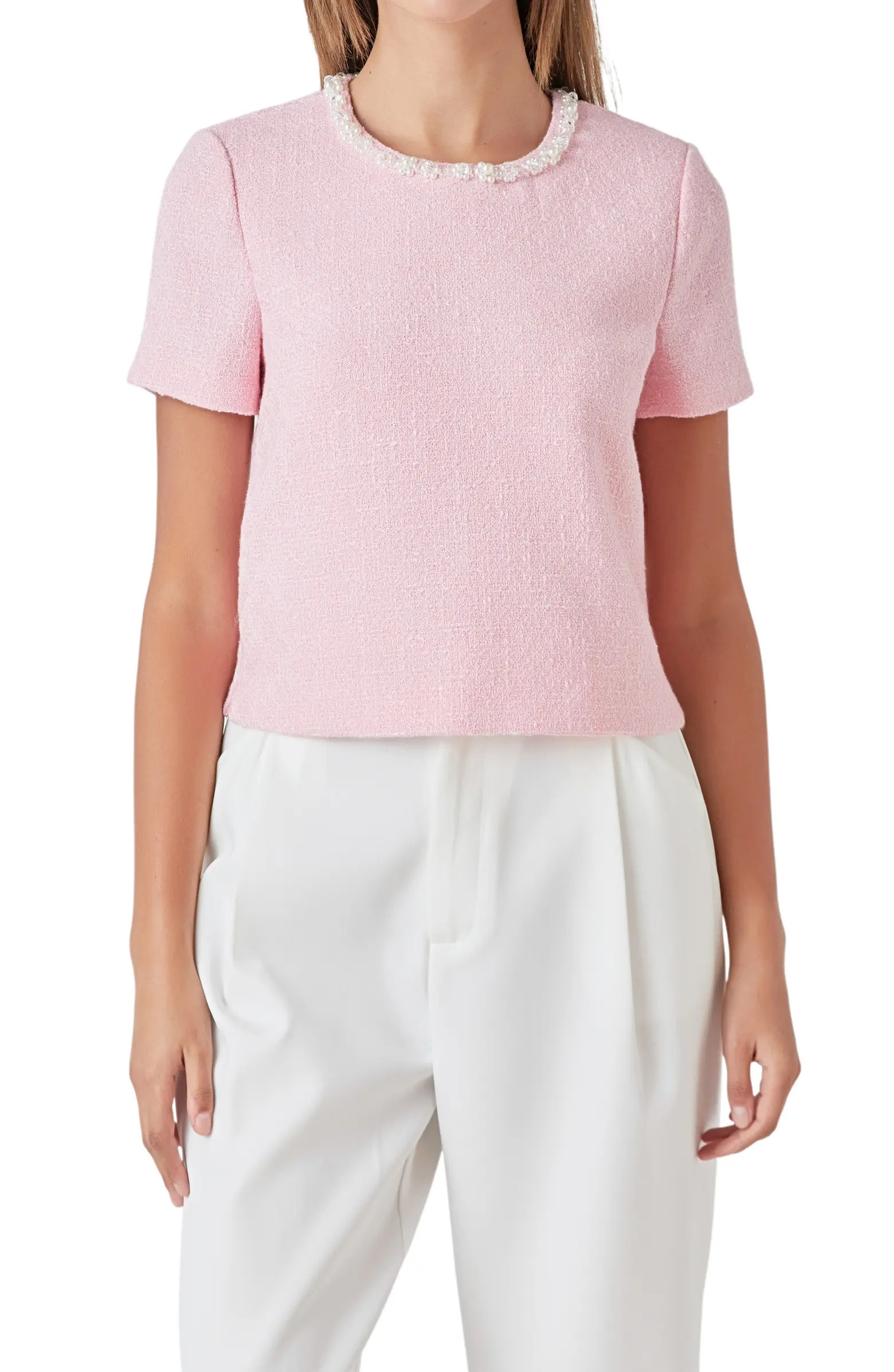 Imitation Pearl Trim Short Sleeve Tweed Top | Nordstrom
