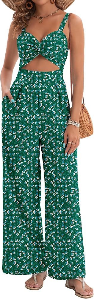 AGERWAY Womens Summer Jumpsuits Dressy Sexy V Neck Twist One Piece Outfits Sleeveless Casual Wide... | Amazon (US)