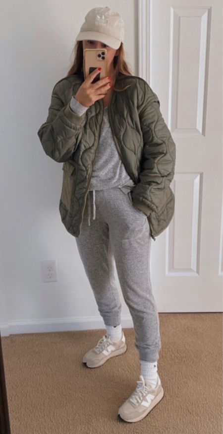 Weekend style grey sweatsuit set cozy new balance sneakers quilted coat 