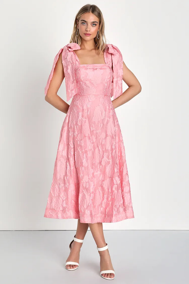Adorably Admired Light Pink Floral Jacquard Tie-Strap Midi Dress | Lulus (US)