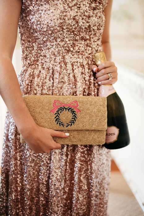 Pink Bow Gold Wreath - Beaded Clutch | Lisi Lerch Inc