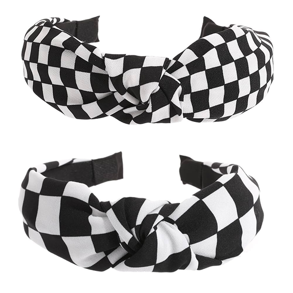 Black and White Checkered Headbands 2PCS, Knotted Headbands for Women Non Slip Top Knot Hair Band... | Amazon (US)