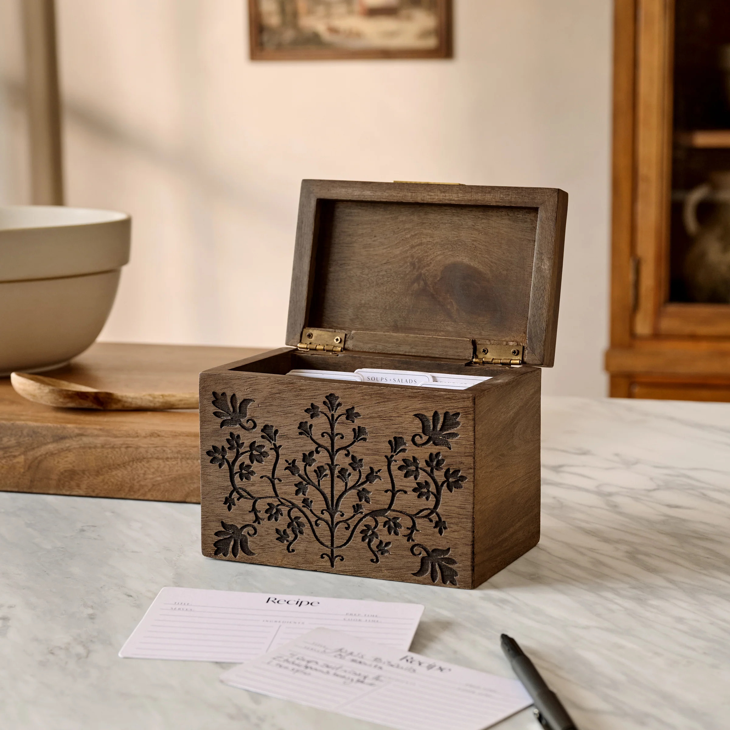Magnolia Carved Wood Recipe Box | Magnolia