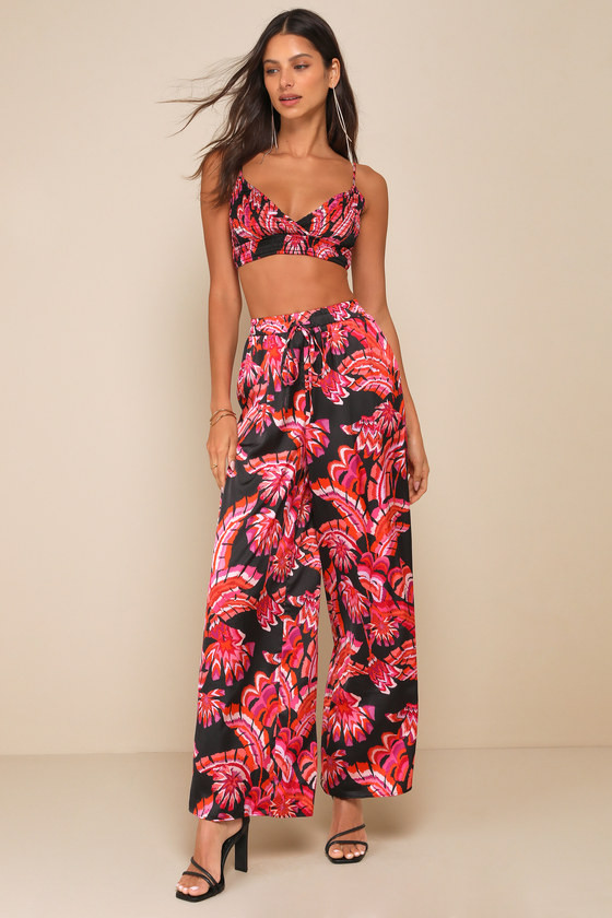 Irresistible Fun Black Multi Tropical Print Wide-Leg Pants | Lulus