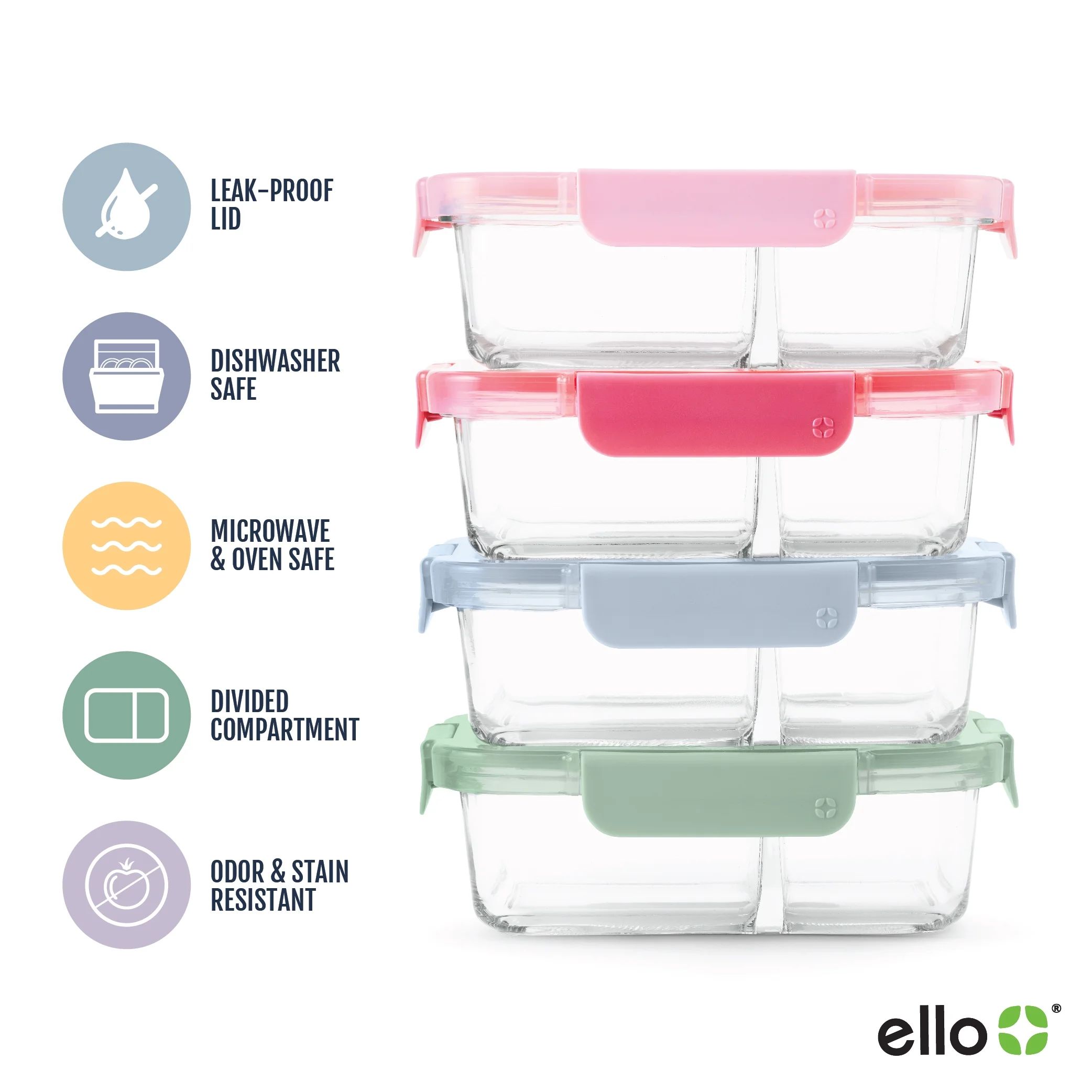 Ello Color Lock 8pc Divided Glass Meal Prep Container Set - Walmart.com | Walmart (US)