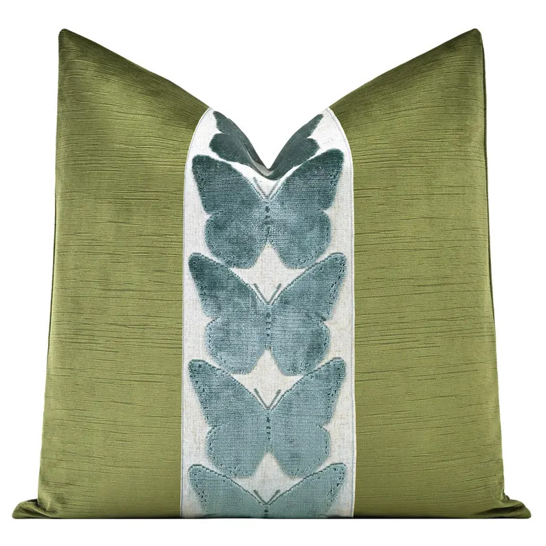 Striated Velvet Pillow Cover With Large Butterfly Trim | Olive Green Velvet Pillow Cover With Aqu... | Etsy (US)