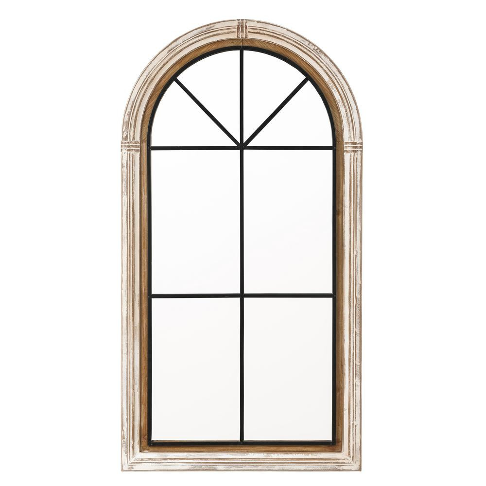 LuxenHome 48 in. x 25.5 in. Rustic Arch Framed Wood and Iron Window Wall Decorative Mirror | The Home Depot