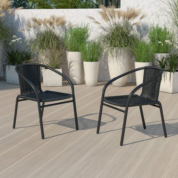 2 Pack Black Rattan Indoor-Outdoor Restaurant Stack Chair with Curved Back | Walmart (US)
