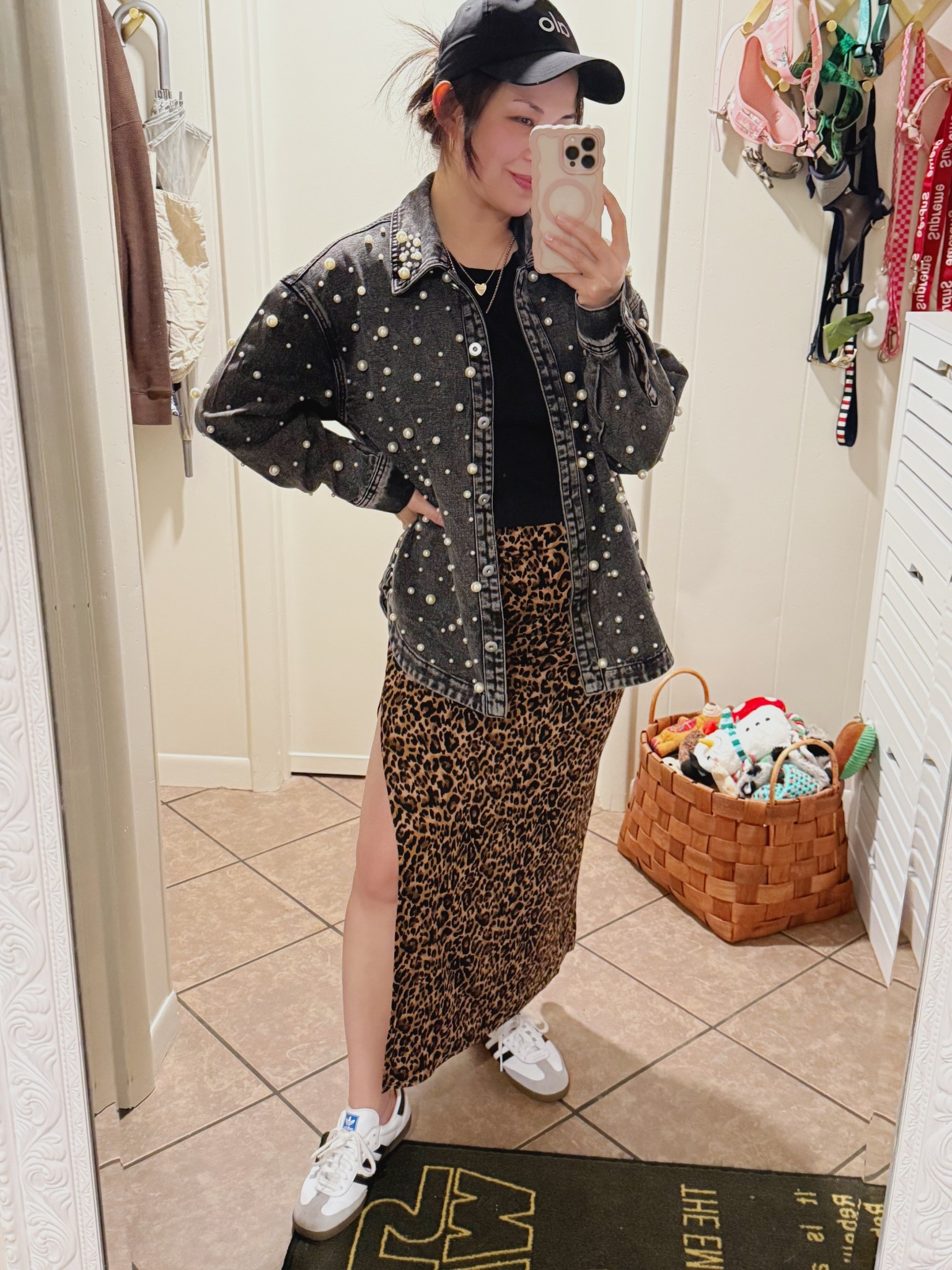 Casual cool glam look on a rainy day. Wore this button down as jacket to glam up a basic black tee. The leopard print skirt is super comfy and is under $10! 

#LTKStyleTip #LTKFindsUnder100 #LTKOver40