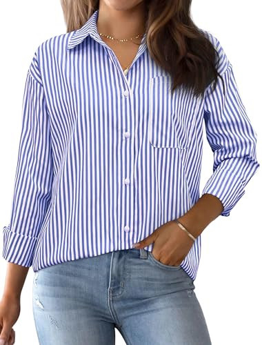 AISEW Womens Striped Button Down Shirts Oversized Long Sleeve Collared Office Work Blouses Tops with Pocket (Striped Blue, 7002XXXL) | Amazon (US)