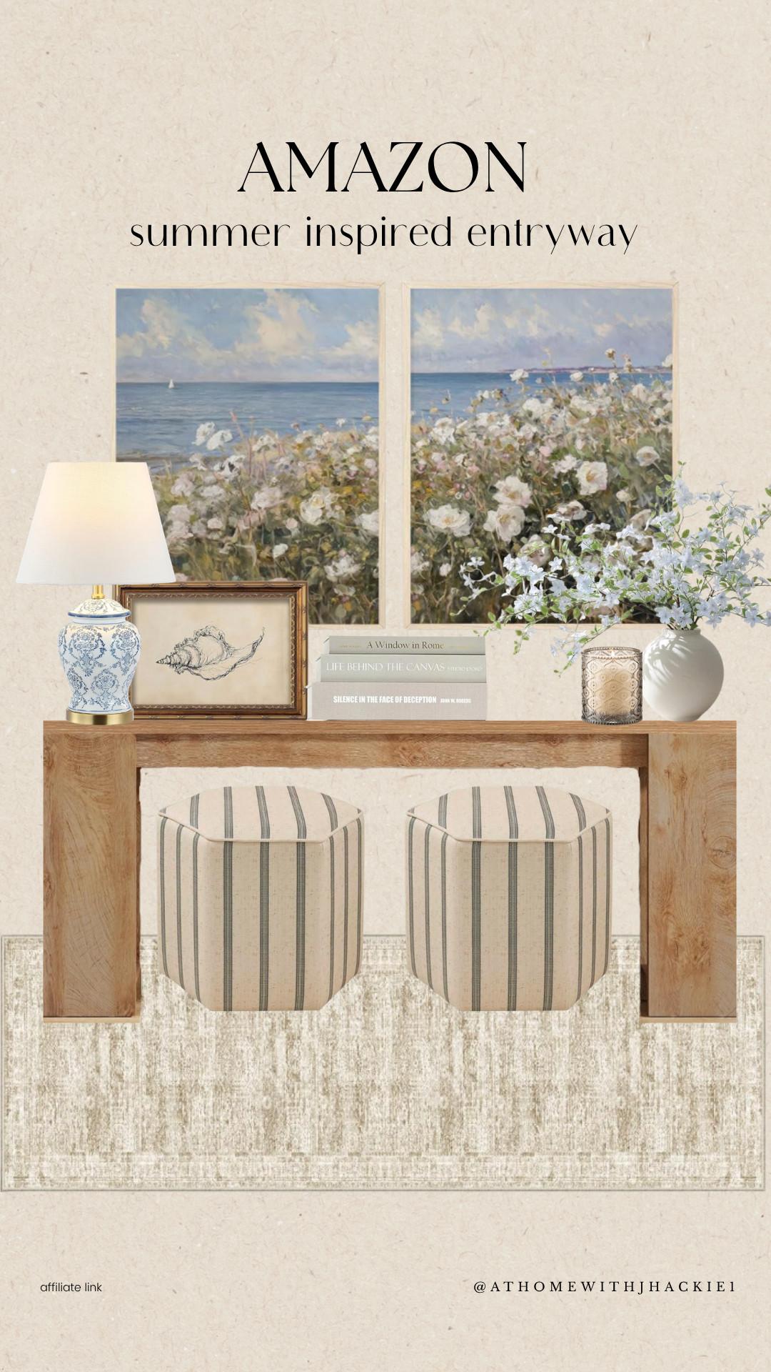 Amazon Summer Inspired Entryway, entryway decor, entryway styling, summer home decor, coastal decor, coastal entryway, Amazon home finds, console table decor, blue and white decor, neutral home styling, summer decorating ideas, beach cottage style, framed coastal artwork, decorative table lamp, striped ottomans, entryway inspiration, foyer decor ideas, traditional home decor, timeless interiors, classic coastal design, home styling inspiration, welcoming entryway, designer inspired decor, affordable home decor finds

#LTKHome