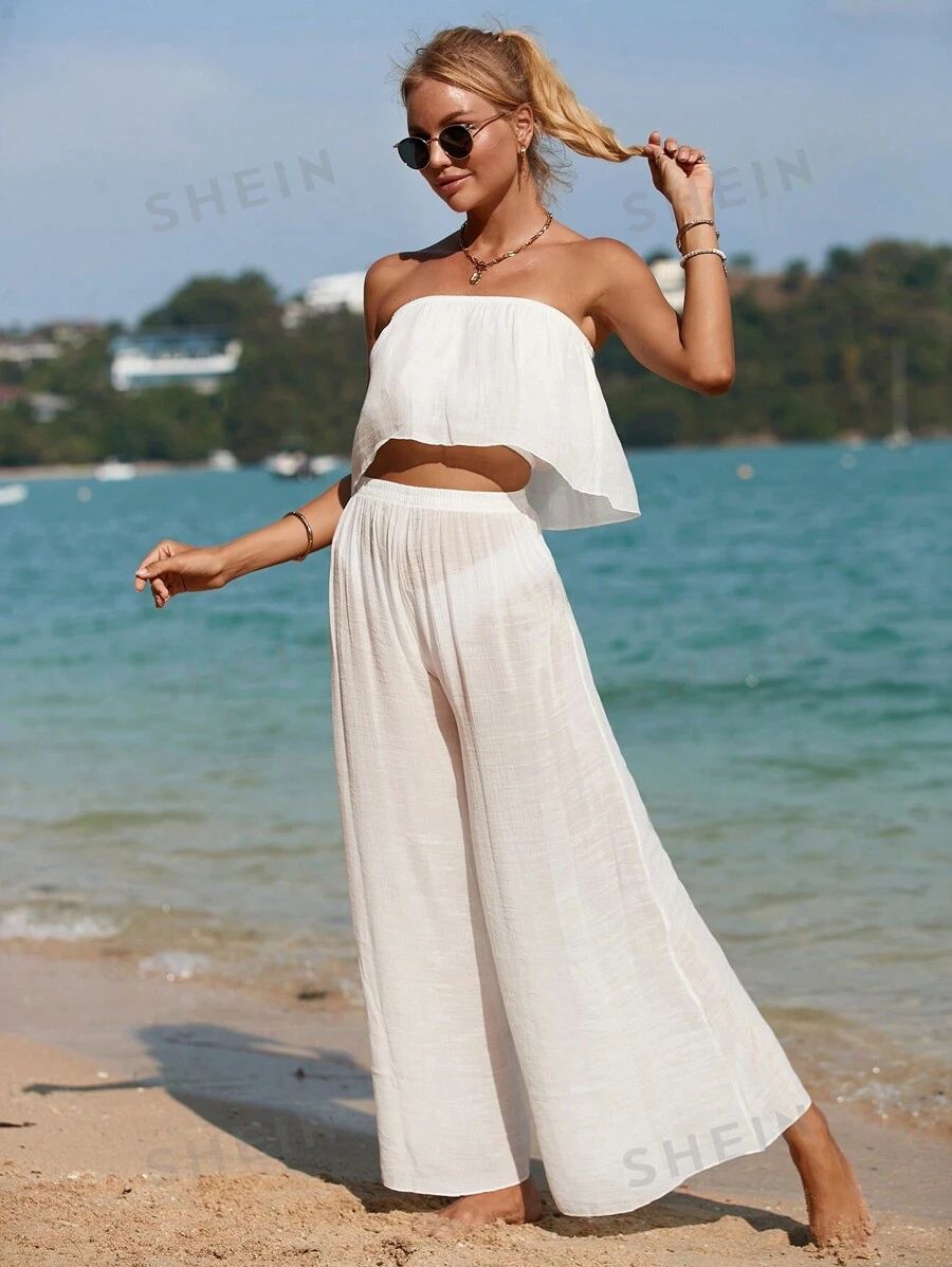 SHEIN Swim Vcay Solid Color Strapless Top And Cover Up Wide Leg Pants | SHEIN