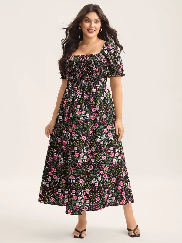 Shirred Floral Print Pockets Maxi Dress | Bloomchic
