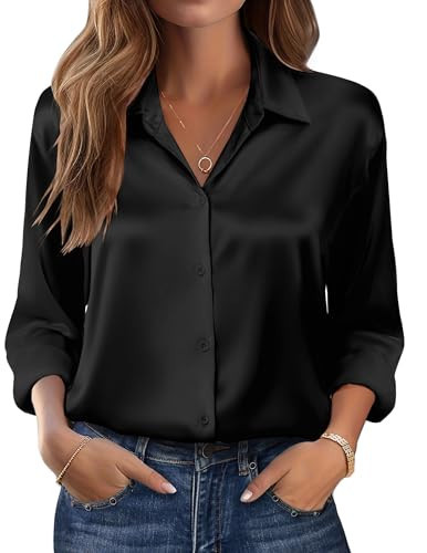 Zeagoo Long Sleeve Tops for Women Black Satin Silk Blouses V Neck Button Down Shirts | Amazon (US)