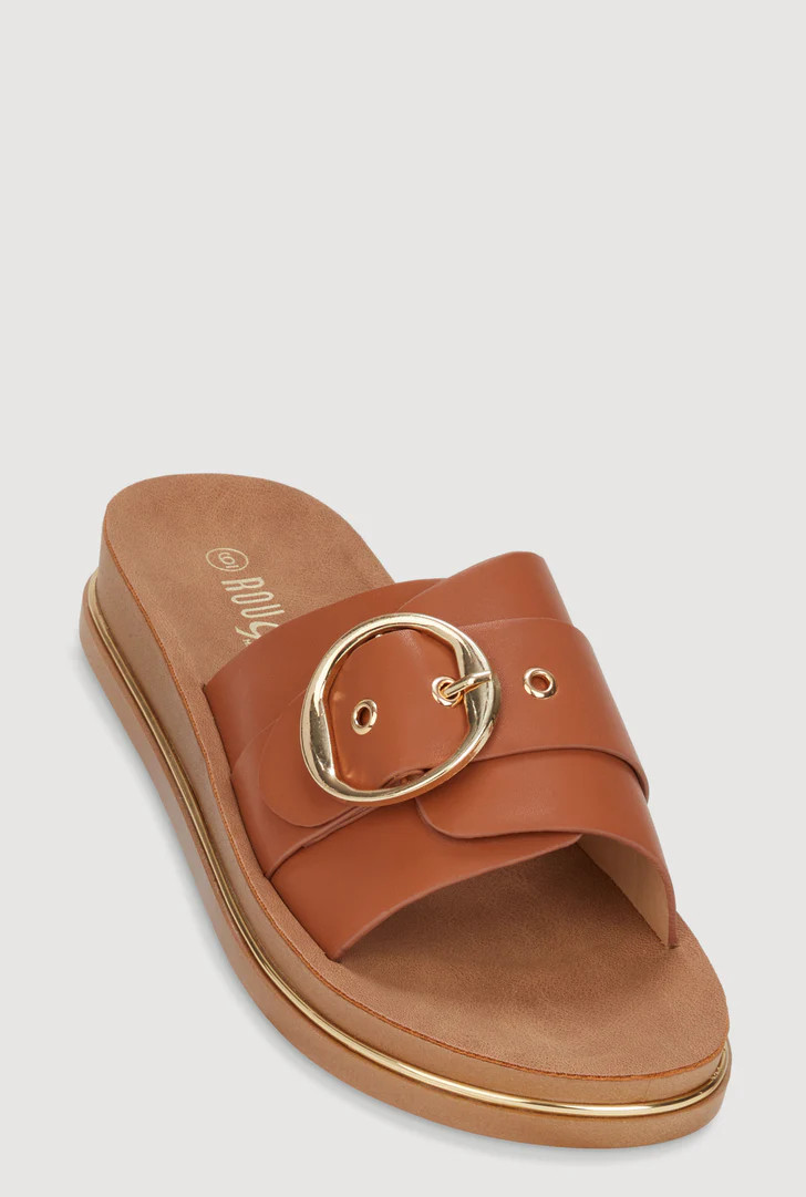 Faux Leather Buckle Detail Footbed Sandals | Rainbow Shops