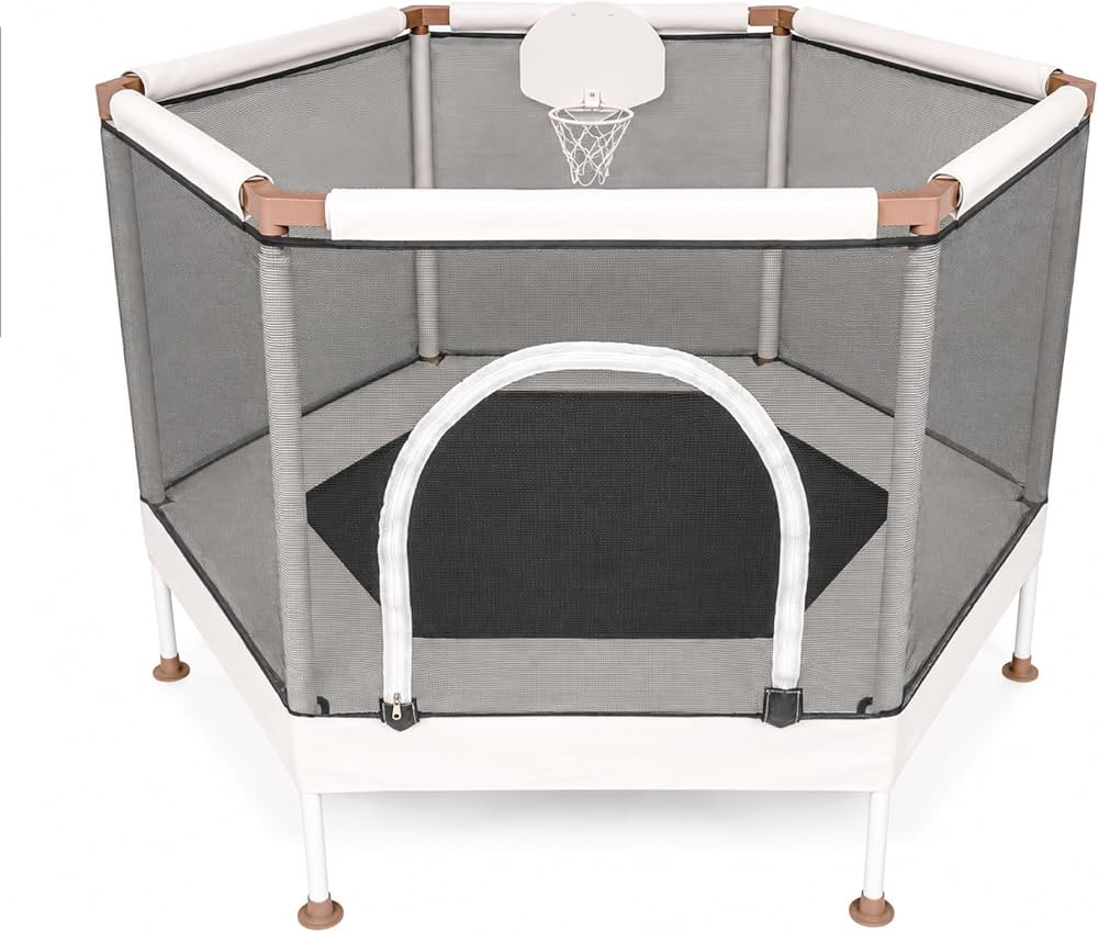 Kids Trampoline, Aesthetic Indoor and Outdoor Toddler Trampoline with Safety Net, Basketball Hoop... | Amazon (US)