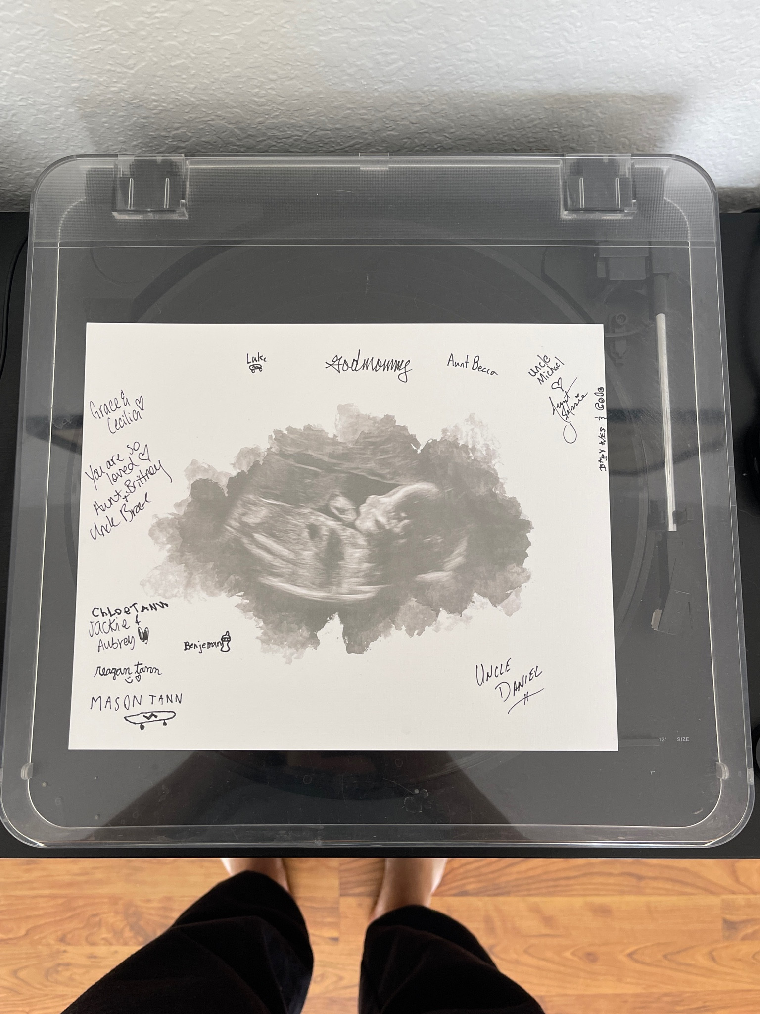 The sweetest guest book idea!! We had this made and then had guests sign around it! It’s perfect and we have it in her nursery💓