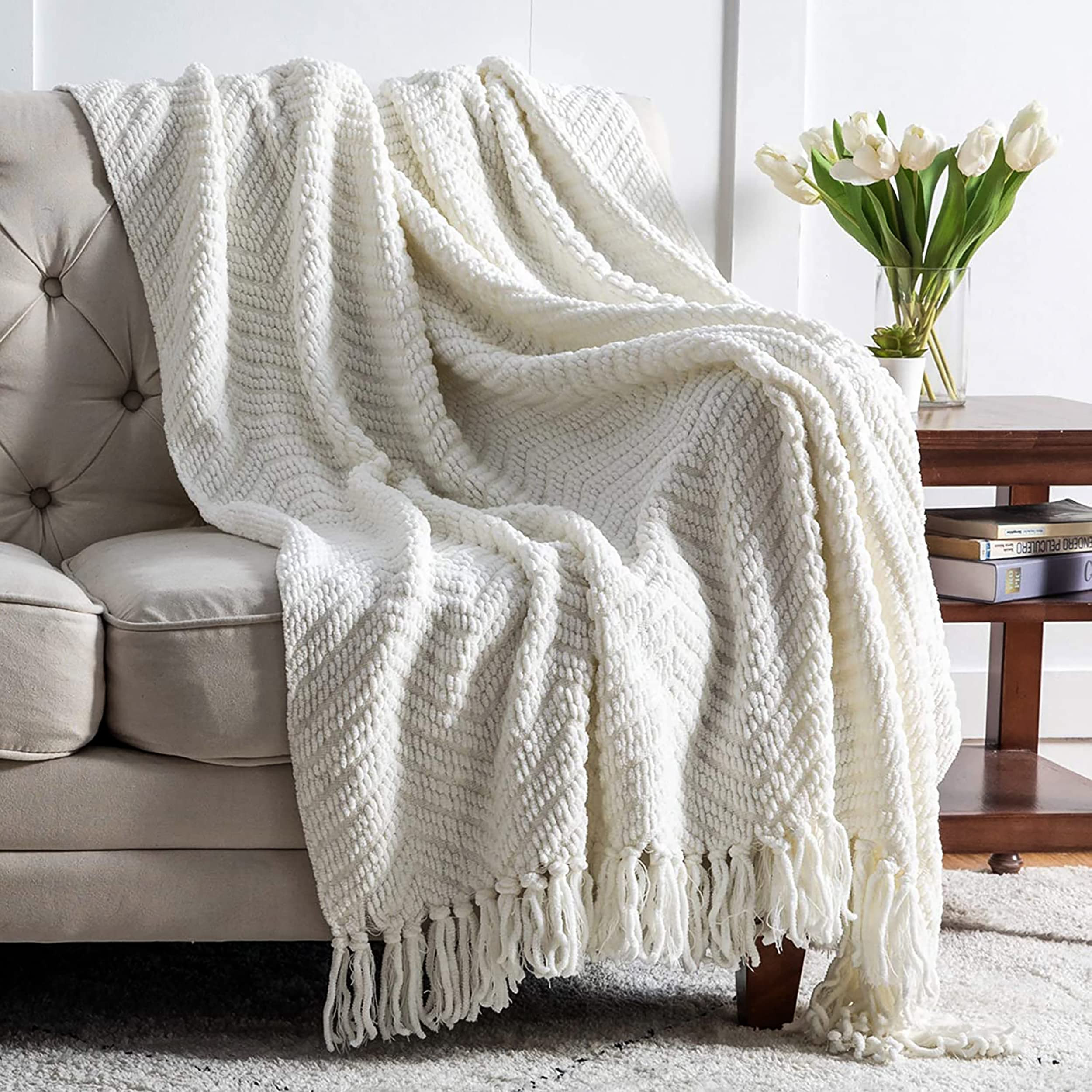 Bedsure Cream White Throw Blanket for Couch, Knit Woven Chenille Blanket Versatile for Twin Bed, ... | Amazon (US)