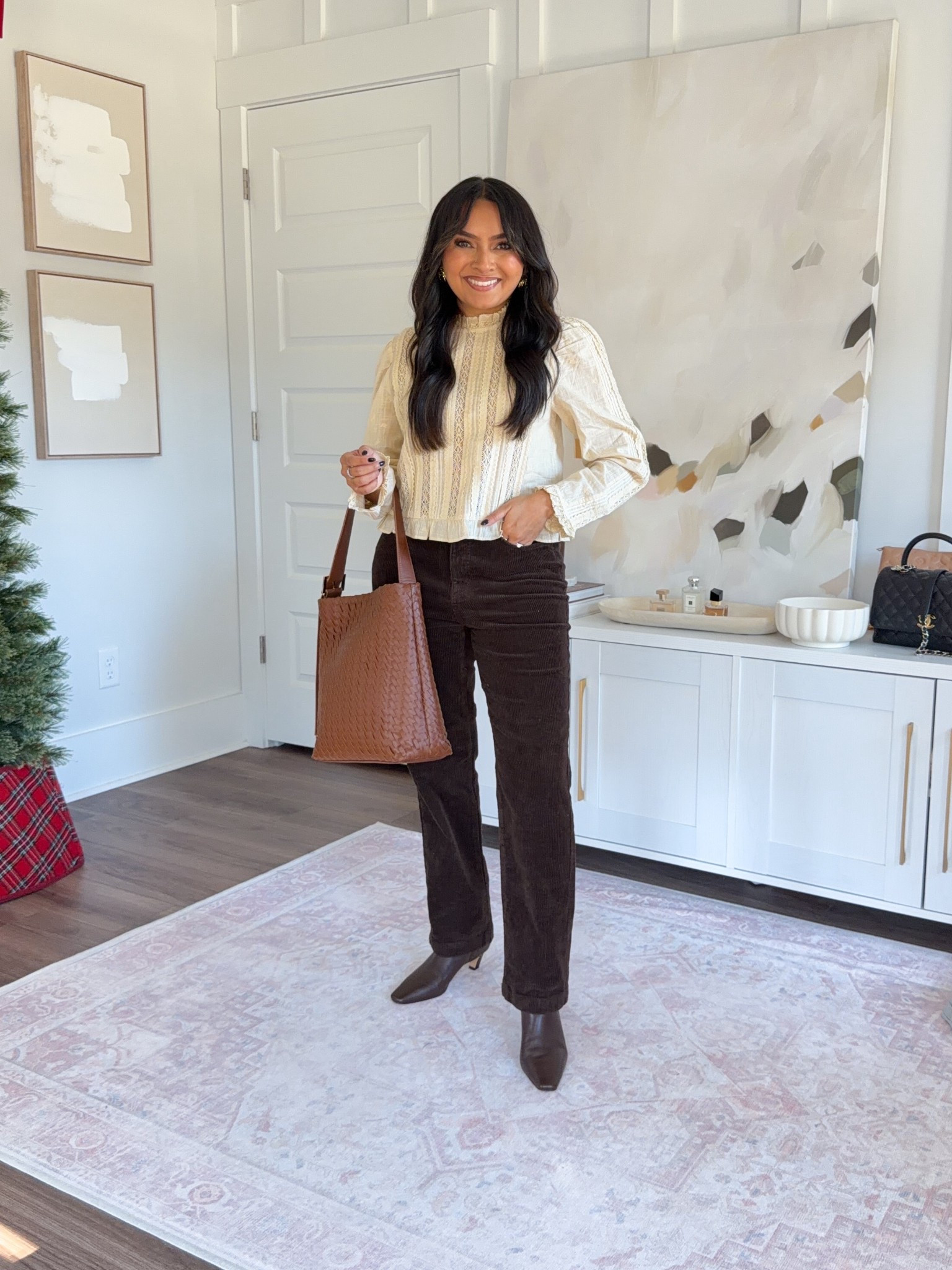 Cream lace blouse size 2 TTS
Brown iced espresso corduroy pants size 2 regular - I wanted a full length pant so I went with the regular size, I have a little room in the waist but wouldn’t size down!
Dark brown leather booties size 5.5 TTS


#LTKHoliday #LTKPetite #LTKCyberWeek