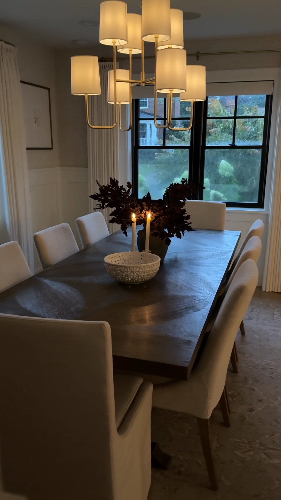 Dining room design, dining room inspo, traditional design, grasscloth wallpaper, wainscoting, neutral dining room, gallery frames, Studio McGee, McGee & co, dining table centerpiece, gold dining chandelier, wood trestle table, upholstered chairs, affordable finds, tjmaxx finds, marshalls find, look for less, dining room, high end look for less, serene, calm, family friendly, Benjamin Moore Simply White paint, washable rug, dining room rug ideas, transitional design, traditional home, high end look for less, affordable finds

Curtain Details:
TWOPAGES Isabella Custom Curtains
Color: Off White/Creamy White 7084-5
Hanging Header Style: Triple Pleat
Width: 75" wide
Length (Height): 90” long
Lining: Room Darkening Liner, 140GSM
Body Memory Shaped: Yes
Hardware Details:
Finish: Brass
Diameter: 0.75”
Rings: 0.75” (1 1/2” diameter)

#LTKStyleTip #LTKHome #LTKFindsUnder50