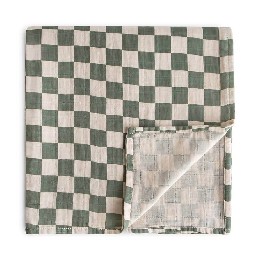 mushie Muslin Baby Swaddle Blanket | 100% Organic Cotton (Olive Check) | Amazon (US)