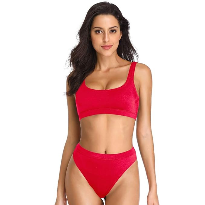 Dixperfect Two Pieces Bikini Sets Swimsuit Sports Style Low Scoop Crop Top High Waisted High Cut ... | Amazon (US)