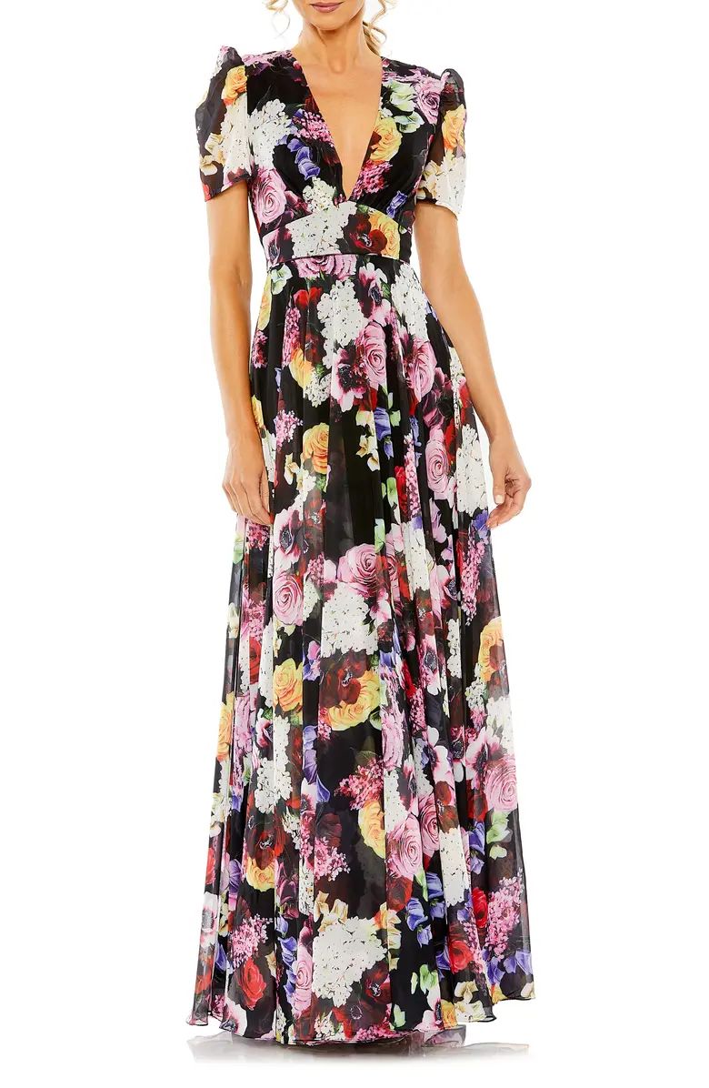 Ieena for Mac Duggal Floral Short Sleeve Pleated Gown | Nordstrom | Nordstrom