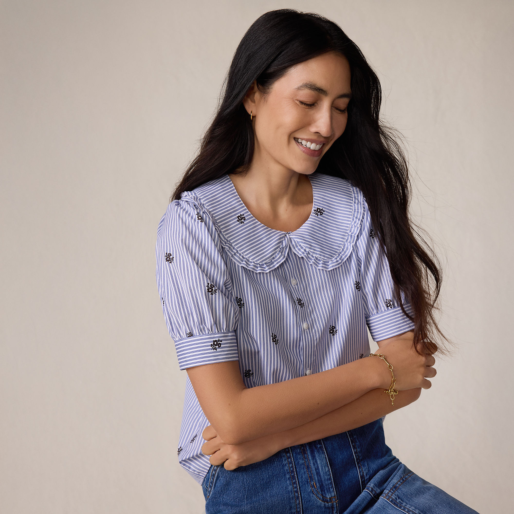 Women's Carefree Cotton Puff Sleeve Statement Collar Shirt | Lands' End (US)