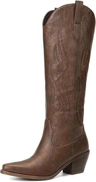 Western Cowboy Boots for Women - Knee High Wide Calf Cowgirl Boots, Slip On Pointed Toe Chunky He... | Amazon (US)