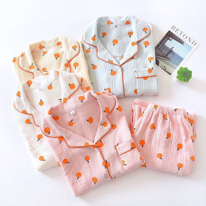 100% Cotton Crepe Yarn Print Orange Collar Button Down Pajamas Women- Cotton Yarn Button Pajama S... | Etsy (US)