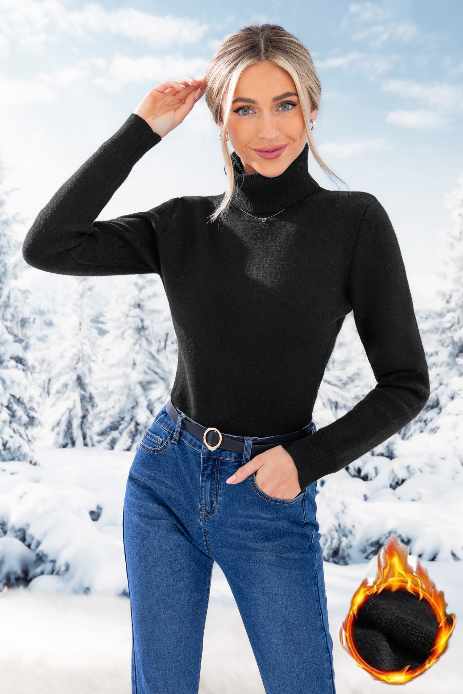 Black Turtleneck Thick Fleece Sweater | Cupshe US