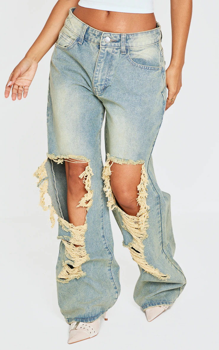 Petite Indigo Vintage Wash Extreme Rip Front Straight Leg Jeans | Pretty Little Thing (Australia & New Zealand)