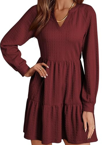 Dokotoo Womens Dresses 2025 Long Sleeve Ruched Notched V Neck Textured Casual Summer Dress Spring Loose Tiered Ruffle A-Line Flowy Swing Solid Color Cute Mini Babydoll Tunic Short Dress Red Large | Amazon (US)