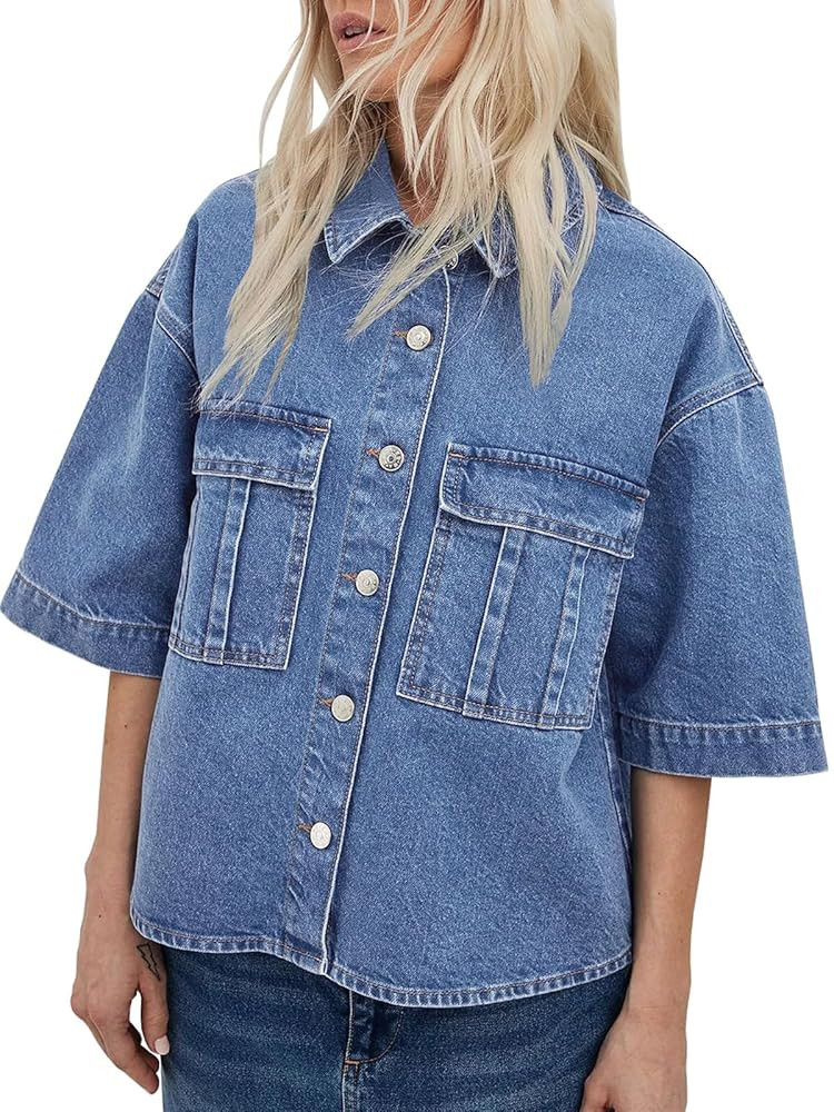 Imily Bela Womens Oversized Short Sleeve Denim Jackets Trendy Cropped Jean Tops Shackets | Amazon (US)