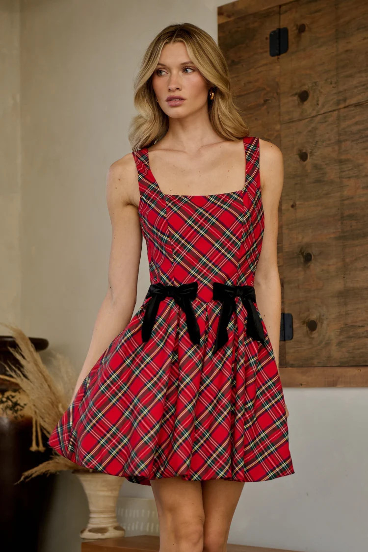 Holiday Wishes Plaid Bow Mini Dress | Confête