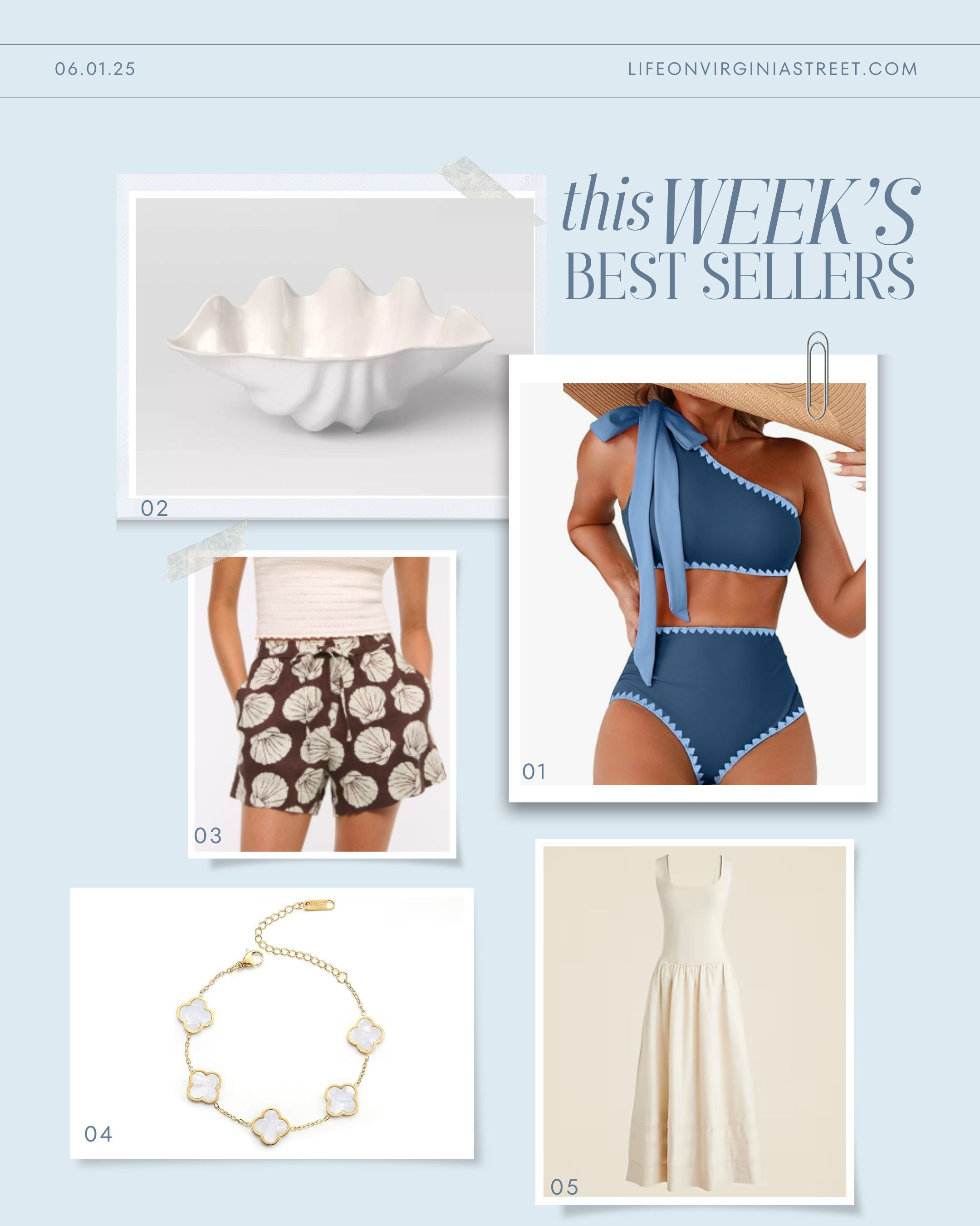 This week's bestsellers include a chic and affordable bikini, my favorite clamshell drink holder (only $10.50 today!!!), these linen seashell shorts (fit true to size), designer look for less clover bracelet, and this mixi midi dress! #ltksalealert #ltkfindsunder50 #ltkfindsunder100 #ltkstyletip #ltkseasonal #ltkover40 #ltkmidsize #ltkswim #ltkparties #ltktravel 

 

#LTKSeasonal #LTKSaleAlert #LTKFindsUnder50