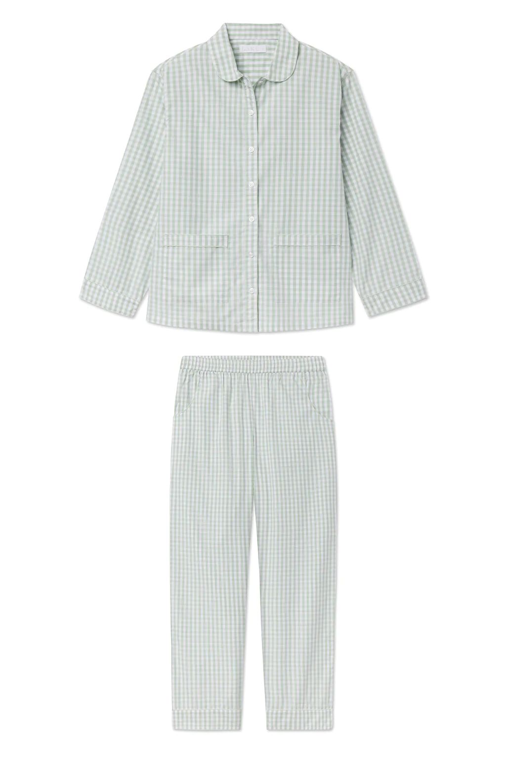 Poplin Piped Pants Set in Aloe Gingham | Lake Pajamas