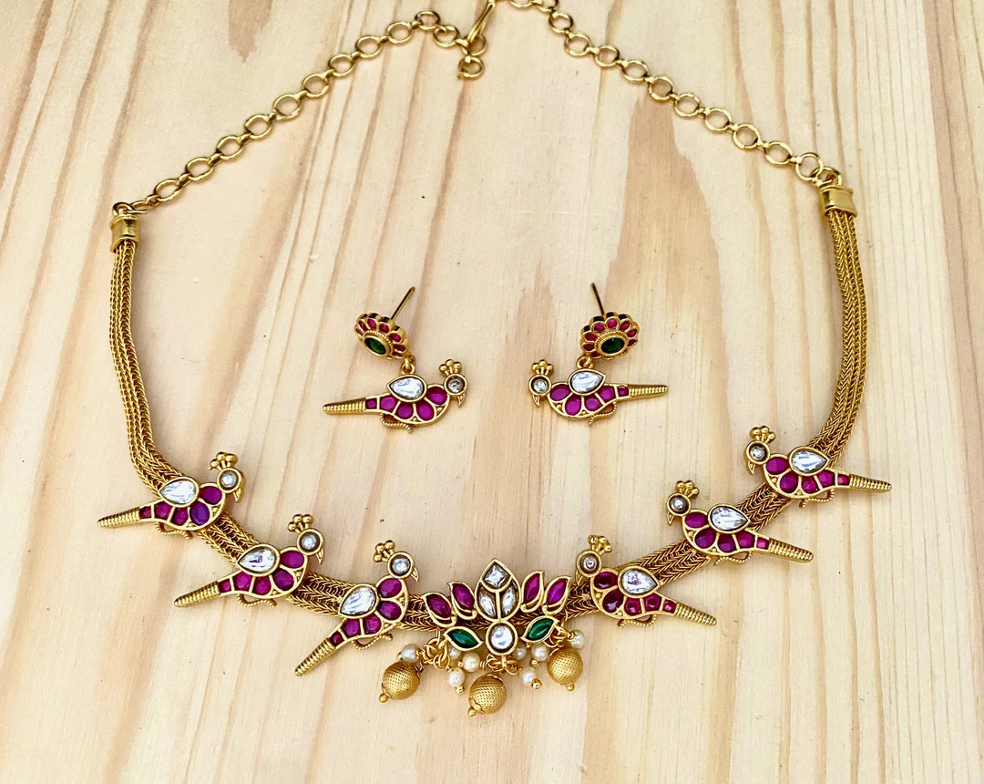 Gold Matte Finish,bird Lotus Necklace,drop and Dangle Bird Earrings,bollywood/south Indian Weddin... | Etsy (US)