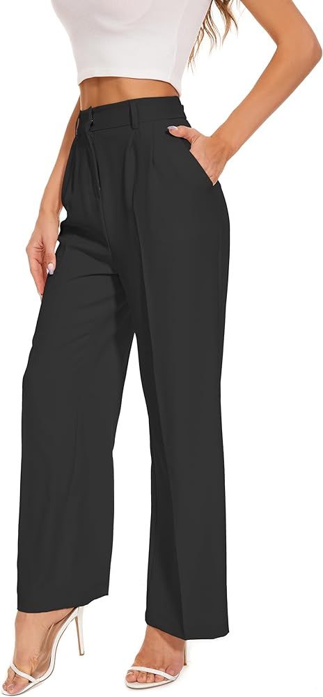 FUNYYZO Women's Wide Leg Pants High Elastic Waisted in The Back Business Work Trousers Long Strai... | Amazon (US)