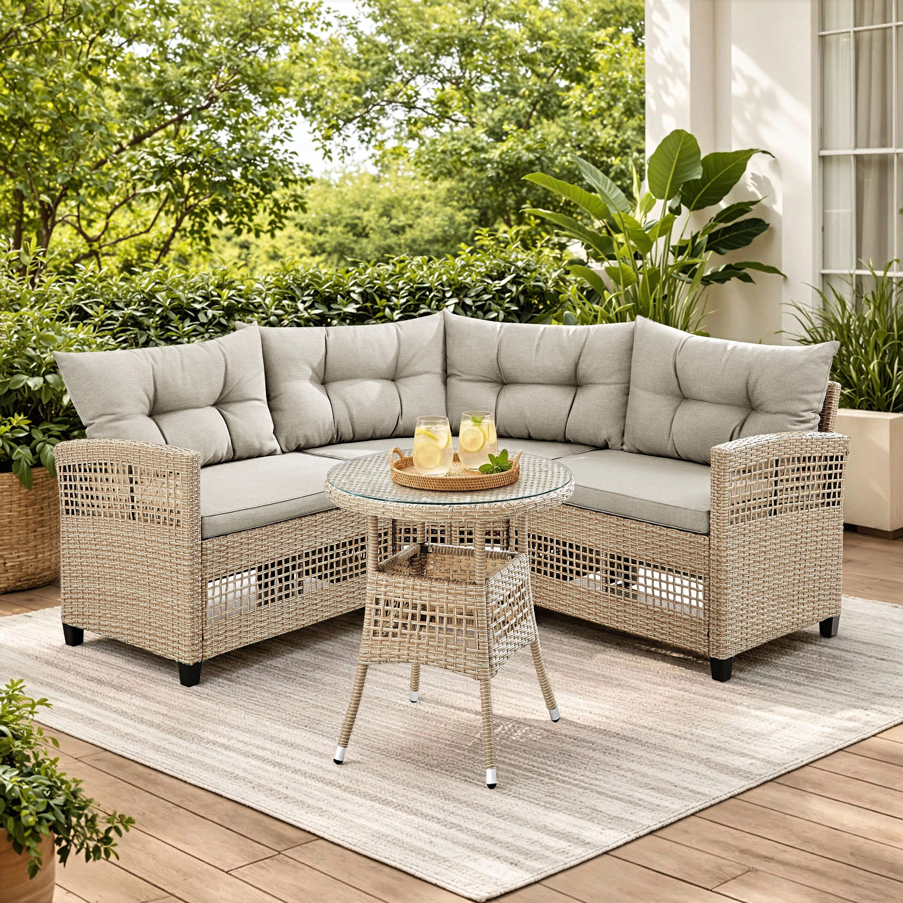 Bogovic 3-Person Boho-Style Wicker Sectional Seating Group With Cushions | Wayfair North America