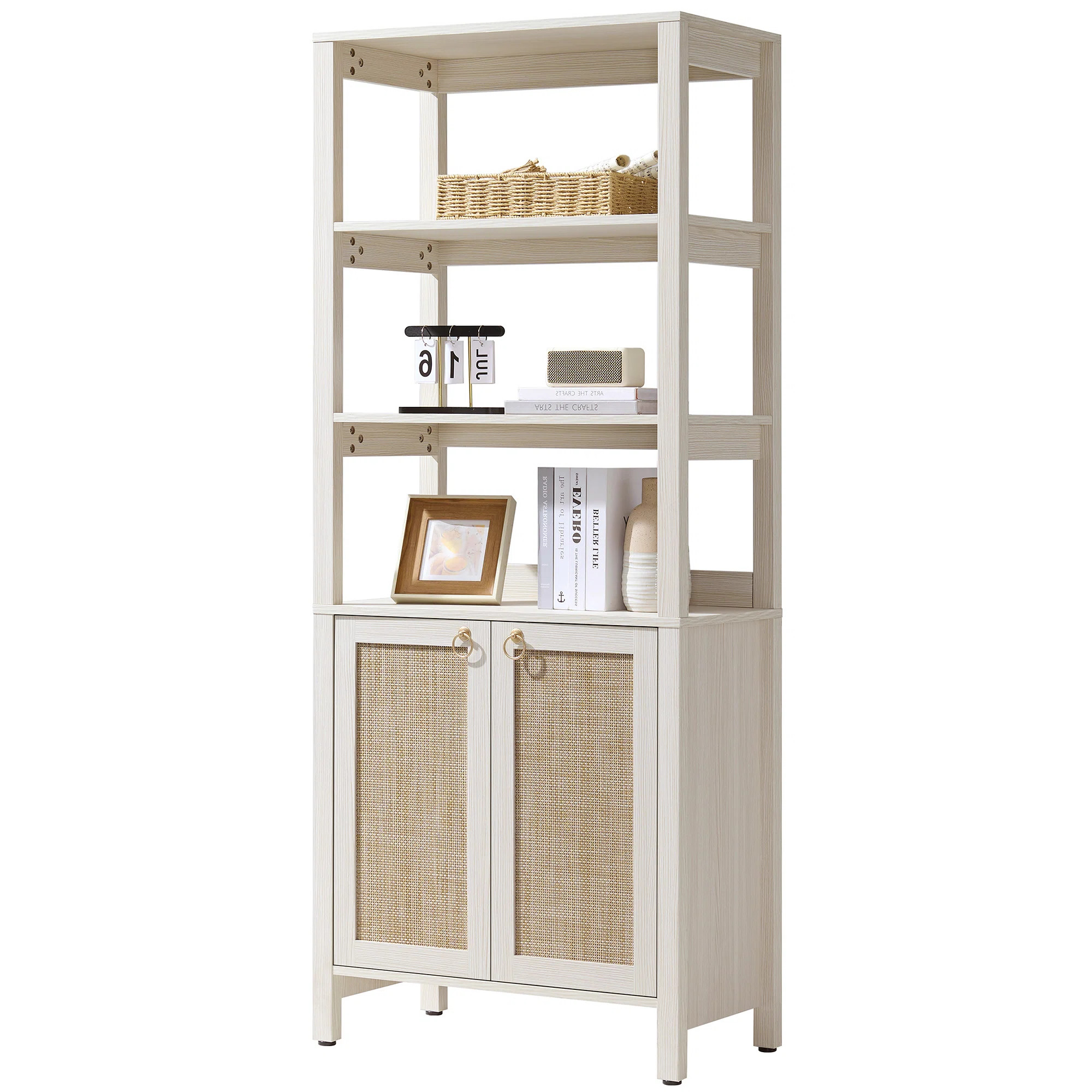 68.5''H Boho - Inspired Rattan Bookcase With Adjustable Shelf And Gold Accents | Wayfair North America