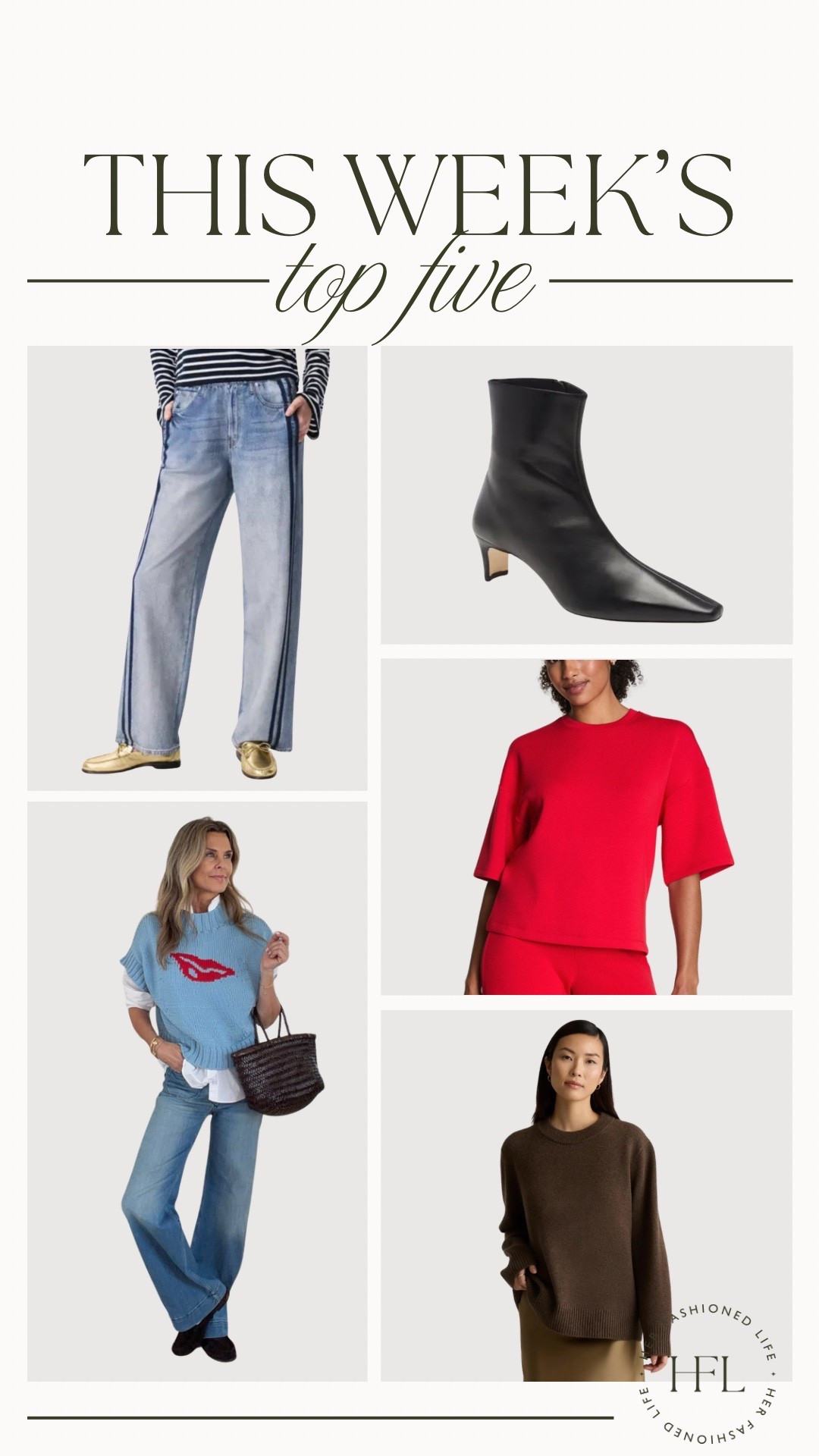This weeks top 5! #SweatpantJeans #Boots #Anthro #Spanx #Quince #TopSellers 

#LTKOver40