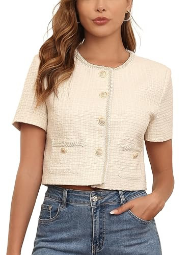 M.Infisavo 2026 Women's Cropped Tweed Blazer Short Sleeve Elegant Round Neck Open Front Cardigan Business Casual Tweed Jacket Beige M | Amazon (US)