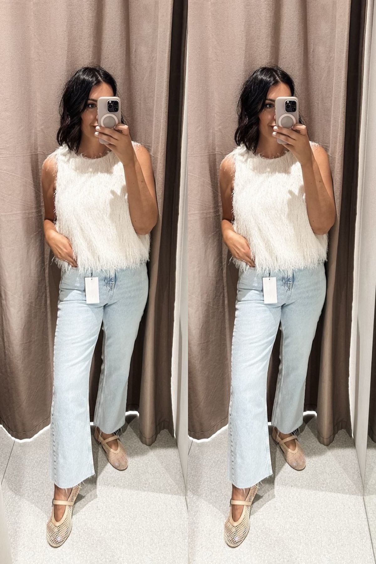 LOVED this top! I'm in the large but you dont' have to size up! It's a looser fit overall I just wanted to make sure I had enough length. Overall it fits TTS. 

I'm in the 8 of the jeans. They run TTS!  

 #LTKFindsUnder100